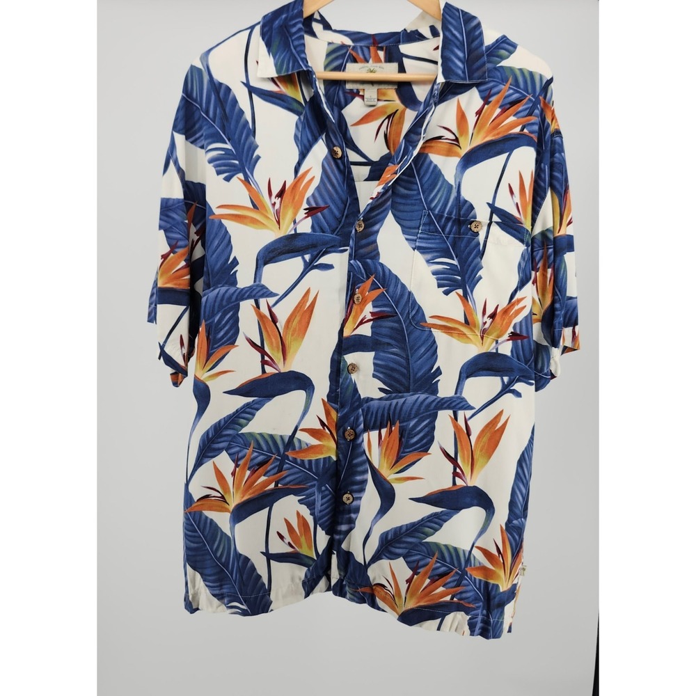 Island Shores Mens Large Blue Orange Bird of Paradise Rayon Hawaiian Camp Shirt